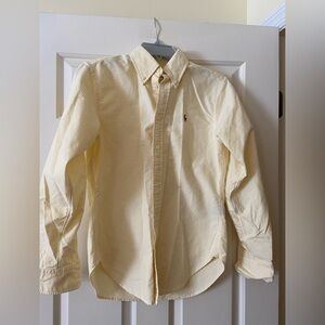 Yellow and white striped long sleeve button down oxford shirt.